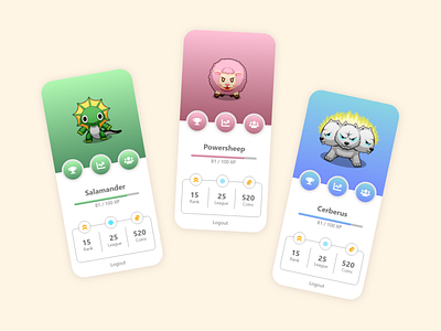 Player Profile Page with Avatar Stats app avatar avatars bitbithooray design game gamer gaming illustration mobile monster pastel colors play player pokemon profile stats ui ux