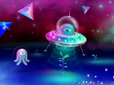 Aliens playground blue bubble dish eyes flying glass octopus pyramids quadropus red sky star