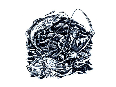 The Fish Shack - Sketch V2 crosshatch fish fisherman hatch hatching illustration old illustration splash water