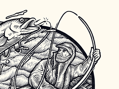 The Fish Shack - Logo final illustration crosshatch fish fisherman hatch hatching illustration old illustration splash water