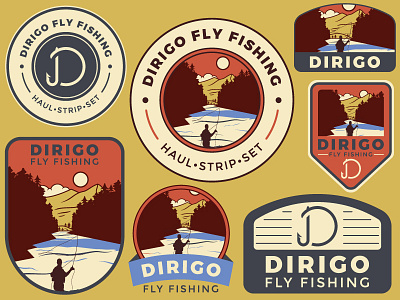 Dirigo Badges badge branding fish fly illustration logo modern mountain outdoor patch set vintage