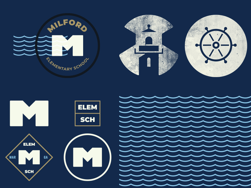 Milford Branding Elements badge brand branding design identity lighthouse logo logo system m nautical school waves wheel