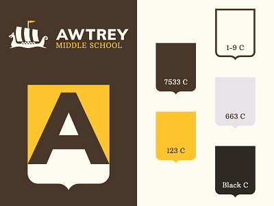 Awtrey Logo Sheet a badge brand brand identity branding brown color cream crest gold icon logo logotype monogram school ship viking