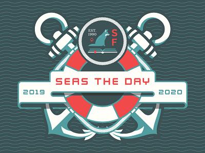 Seas The Day anchor badge badgehunting custom design illustration life saver nautical ocean rope school sea theme water wave