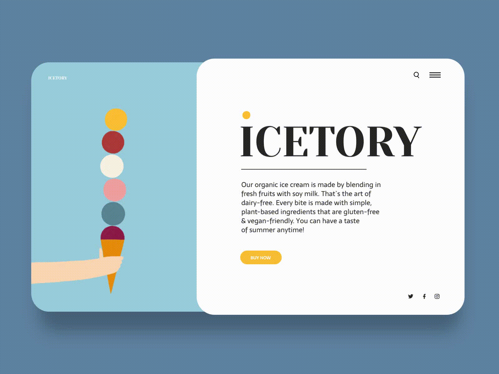 Ice cream shop "ICETORY" 2d art dribbble landing page minimalistic pale blue simple clean interface ui design website concept