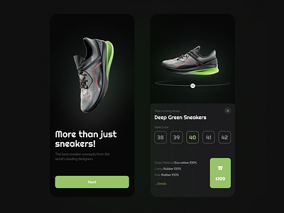 Sneakers Shop App Concept app clean dark design e commerce green minimal mobile nike shoes shop sneakers top ui ux