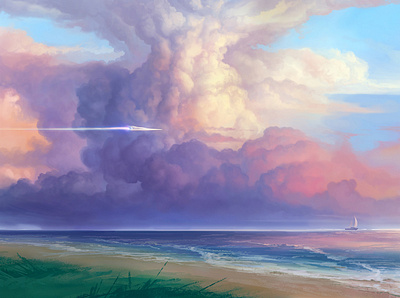 Cloudy. Sunset. Glider 2d aleksey litvishkov art beach clouds cloudy digital art glider illustration landscape sea sunset waves yacht