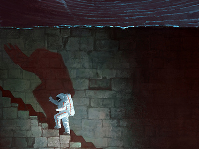 Onto The Stage! 2d aleksey litvishkov art astronaut dreams illustration in cosmos shadows stage stairs