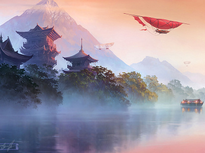 Asian land 2d aerostat airship aleksey litvishkov art digital art evening illustration landscape mountain pagoda river xsolla