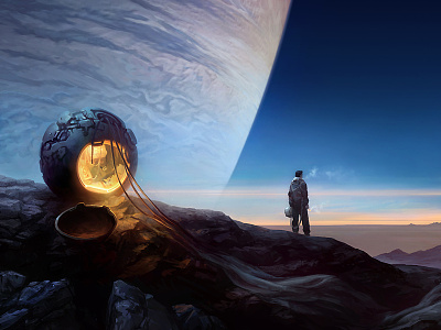 Survivor v3.0 2d aleksey litvishkov art astronaut cliff digital art environments escape pod explorer horizon illustration landing planet rocks sci fi spaceman sputnik survivor