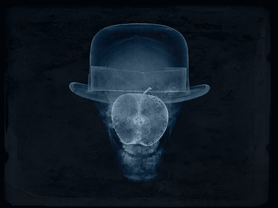 X-ray of Man apple face hat magritte painting skull x ray