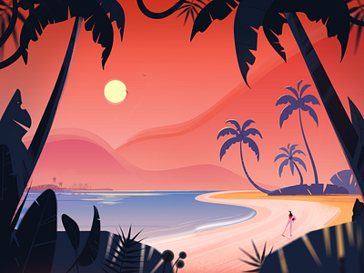 Summer dream beach fireart fireartstudio girl illustraion illustration nature palm palmtree sunset tropic tropical tropical leaves