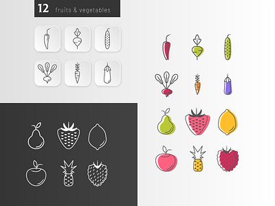 Fruits & Vegetables icons app branding design graphic design healphy food icons line art vector