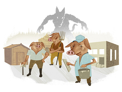 Three little pigs fairytale farmer house illustration pig wolf