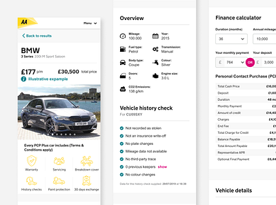 PCP Plus. Car financing reimagined for the AA UI/UX calculator car car info car profile clean design figma financing flat gray info minimal pcp profile search results tech info ui ux