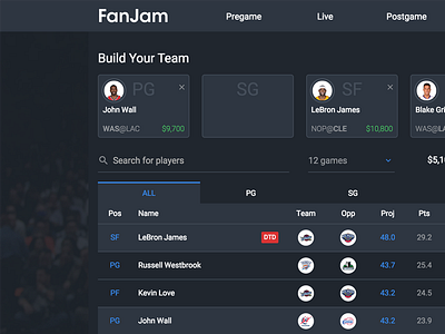 Build Your Team app basketball dark fantasy game nba sports ui ux website