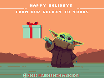 Happy Holidays from our Galaxy to Yours 80s babyyoda christmas christmas card creature cute game art holidays illustration mandalorian pixel pixel art pixelart retro starwars video game yoda