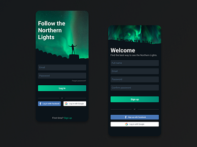 Northern Lights Hunting App app app design challenge dailyui design figma flat interface login mobile mobile app nature signup ui ui design uidesign uiux user interface ux visual design