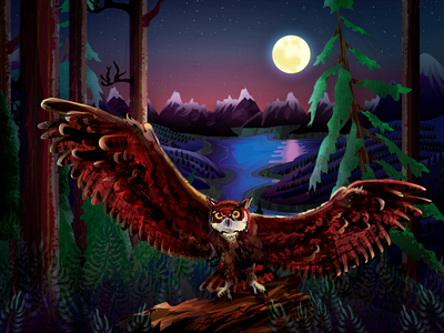 An Owl at Dawn beautiful design forest glowing illustration illustrator moon mountains nature owl stars