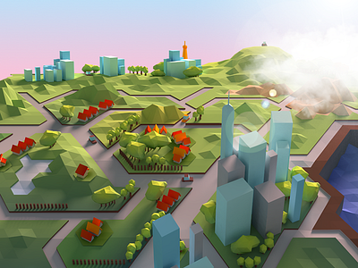 City buildings city game houses low poly roads skyscrapers sunrise trees
