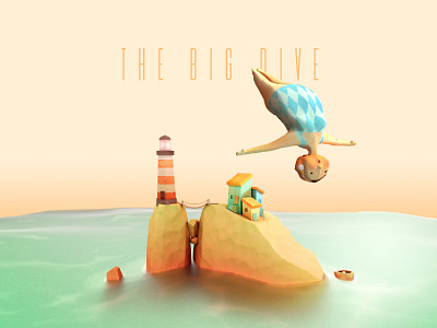 The Big Dive 3d dive illustration island lighthouse ocean rocks sea swimmer village woman