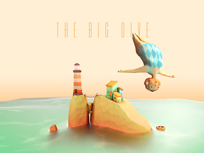 The Big Dive 3d boat dive illustration island lighthouse low poly ocean swimmer village woman
