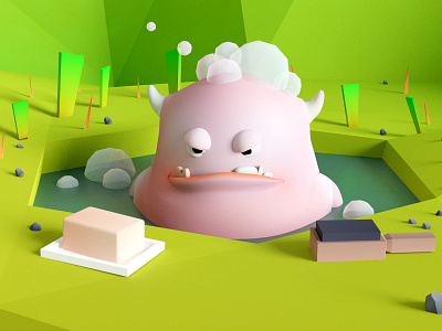 Gluton, angry monster 3d bath forest illustration low poly monster