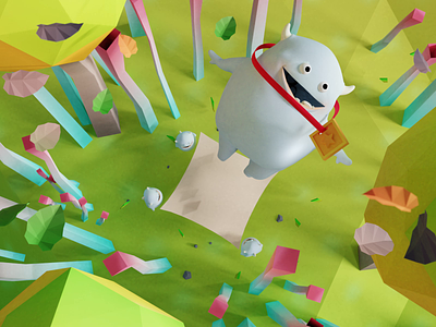 Gluton, happy monster 3d animation forest illustration low poly medal monster