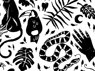 Mighty Jungle branding hand hand drawn illustration jungle leaf monkey moon pattern toucan