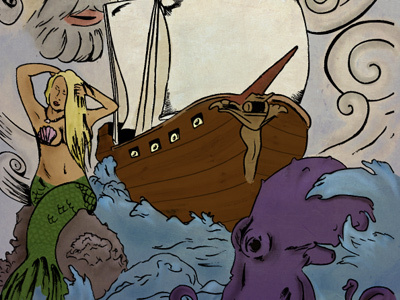 Pirate Ship Illustration drawn hand illustration mermaid octopus pirate ship