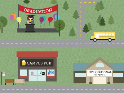 Campus Pub bar beer bench bus campus center graduation internation owl pub school stop