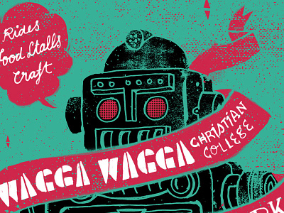Wagga Wagga Fete Postcard black grunge hand lettering illustration robot typography vintage