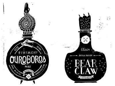 Vintage bottles bear claw drawing grunge illustration ouroboros