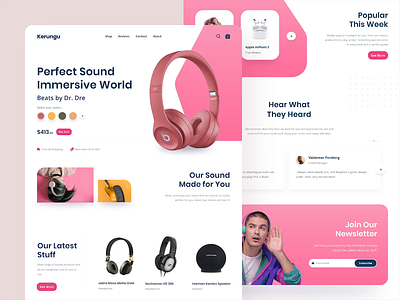 Kerungu - Audio Stuff Shop Landing Page animation audio clean flatdesign layout minimalist motion pink shop ui uidesign uiux ux video website website design