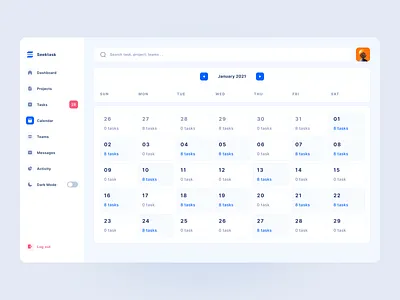 Seektask - Team Task Management Dashboard - Calendar blue calendar clean component dashboard dashboard design dashboard uiux date graphic design time uiux ux white