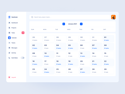 Seektask - Team Task Management Dashboard - Calendar blue calendar clean component dashboard dashboard design dashboard uiux date graphic design time uiux ux white