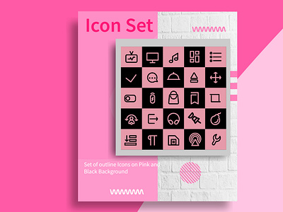 Set of outline Icons on Pink and Black Background