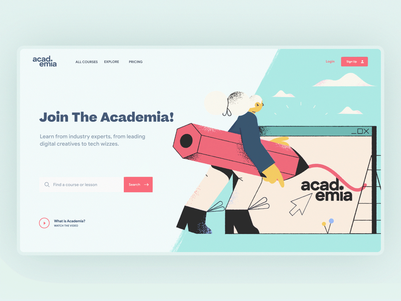Academia Landing Page Animation aftereffects animation banner branding courses design digital flat gif illustration landing page learning lesson logo motion ui ux