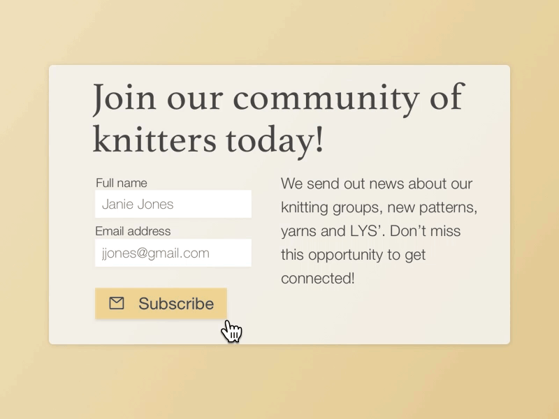 Daily UI #026 – Subscribe animation button dailyui interaction knitting modal submit subscribe ui