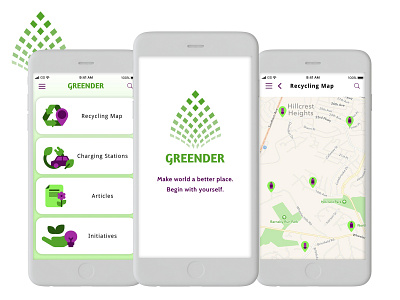 Greender | Eco Map App app app design branding design ecology logo map ui ui design uiux ux ux design