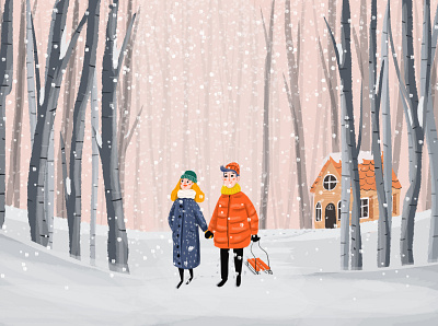 Christmas morning character christmas christmas card couples drawing forest hand drawn illustration winter