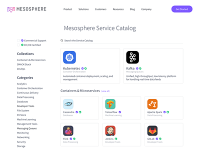 Mesosphere Service Catalog Website analysis app appstore containers dashboard data developer kubernetes marketplace tools ui