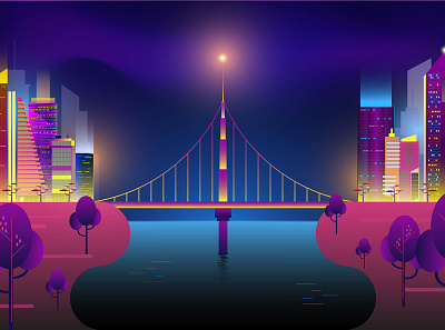 Modern city night landscape neon color cartoon vector architecture background banner city concept design flat graphic illustration