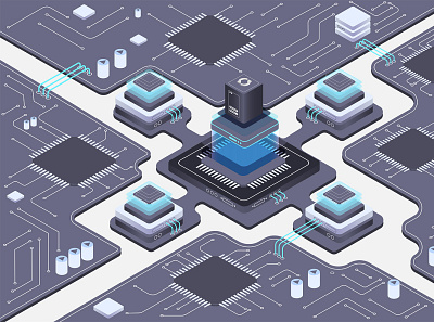 technology isometric cpu art banner business center cloud cluster collection communication computer concept