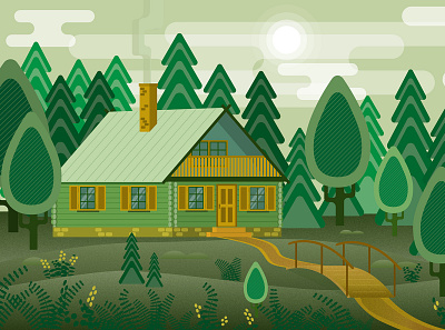 Wooden hut in the forest illustration building estate grass green home house illustration landscape nature sky tree