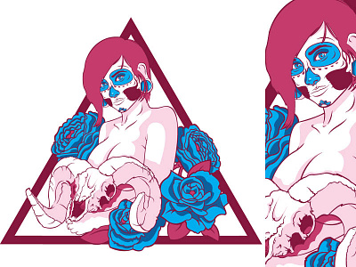 Sugar Skull blue flower illustration maroon skull