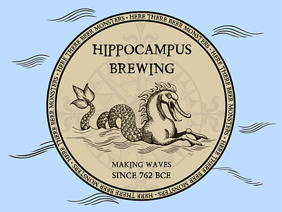 Hippocampus Brewing (Coaster Design for Sticker Mule) beer beer branding branding coaster coaster design compass design fun greek greek mythology hippocampus iliad logo old map sea monster sticker mule vector