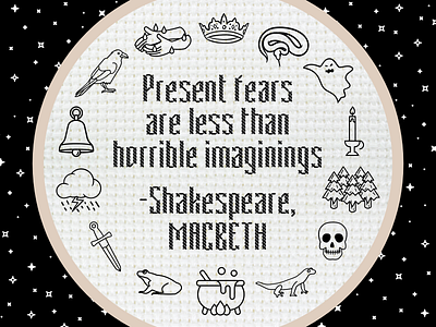 "Present fears are less than horrible imaginings" design embroidery hoop macbeth motivation sampler shakespeare typography vector