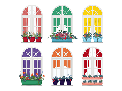 A set of windows with flowers in pots. balcony curtain flower flowers flowers illustration garden illustration vector