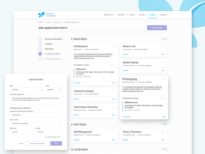 Job application form. add cards career find form hard information input job skills software ui ui design web